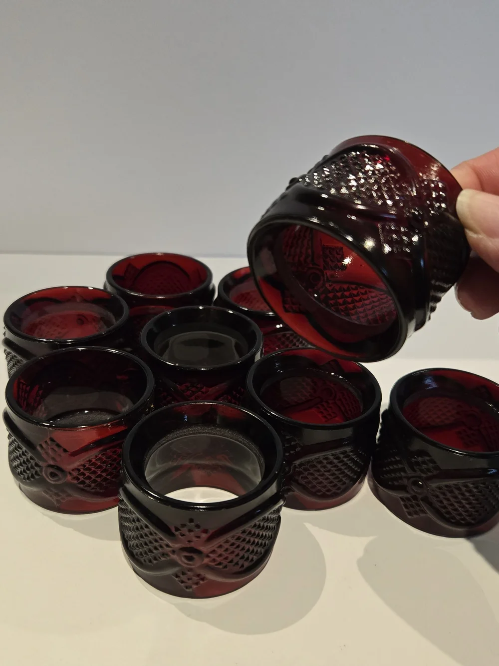 Avon 1876 Cape Cod Ruby Red Napkin Rings, Vintage, Set of 9 Glass Holders
